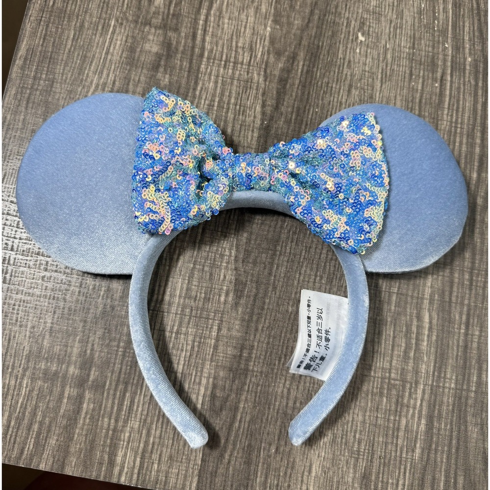 RARE Disney Parks Cornflower Blue Sequin Suede Velvet Minnie Mouse Ears Headband